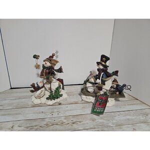 Lot of 2 Wooden Snowman Carved Decorations Snowman Hanging Stars on Trees and Sn